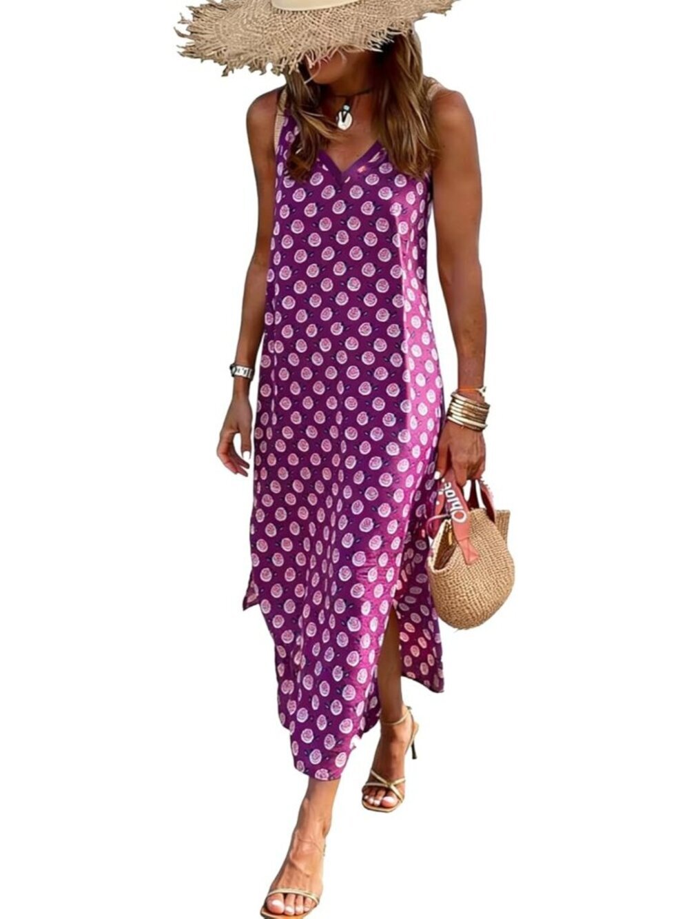 Women's Purple Sleeveless V Neck Floral Printed Pull On Imported Maxi Dress